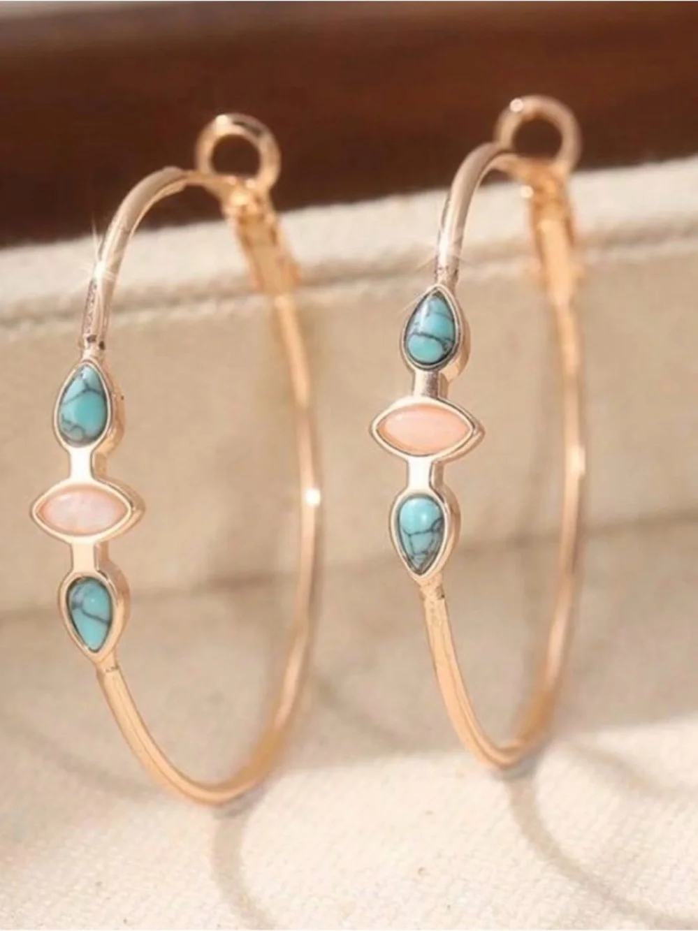 Gold Hoop Earrings with Turquoise and Peach Stone Accents